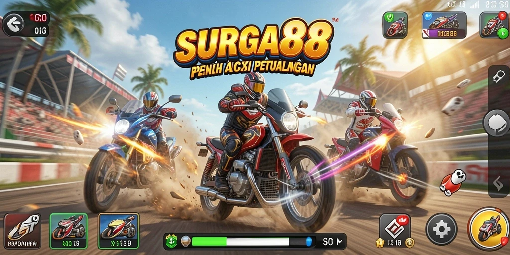 Tampilan grafis menakjubkan dan seru di SURGA88 saat balapan.